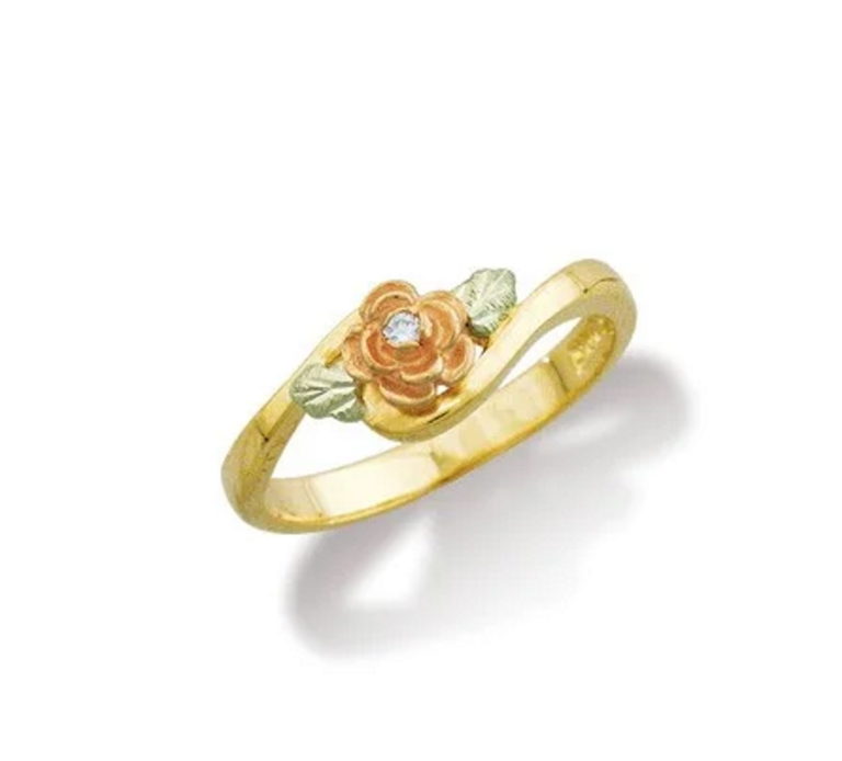 02247x-768x694 Ladies Black Hills Gold Rose Diamond Ring with Leaves