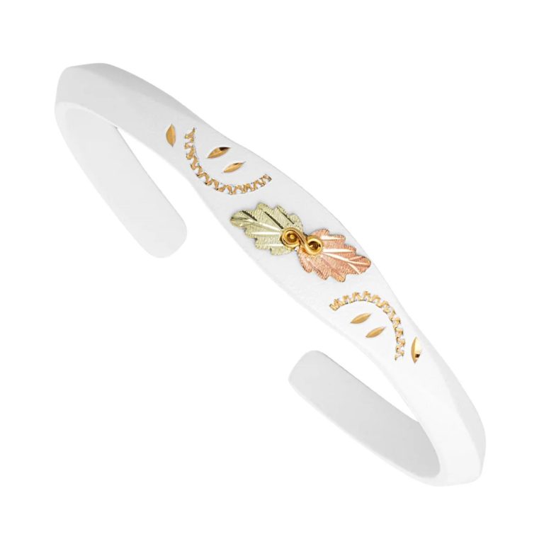 GLBR506WHT-768x768 White Powder Coated Cuff Bracelet with Black Hills Gold Leaves