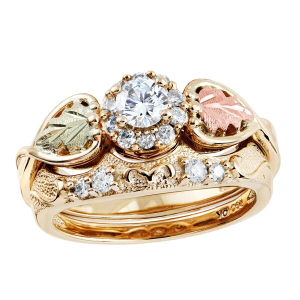 GLWR932ADwithWeddingBand-14-600x600 Ladies Black Hills Gold Wedding Set with Halo Diamond Engagement Ring